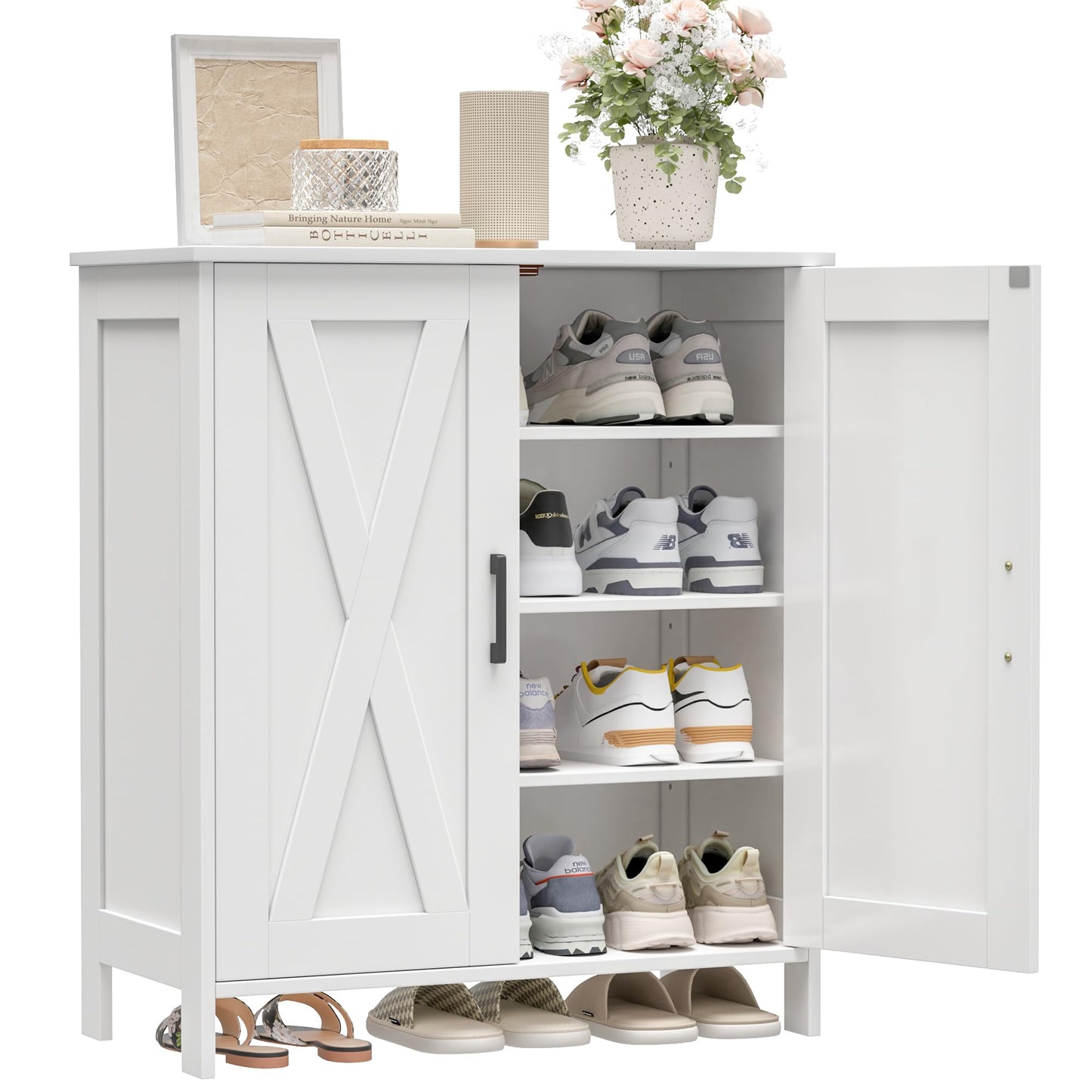 Homleke Farmhouse Shoe Cabinet with 2 Barn Doors & Wood Legs