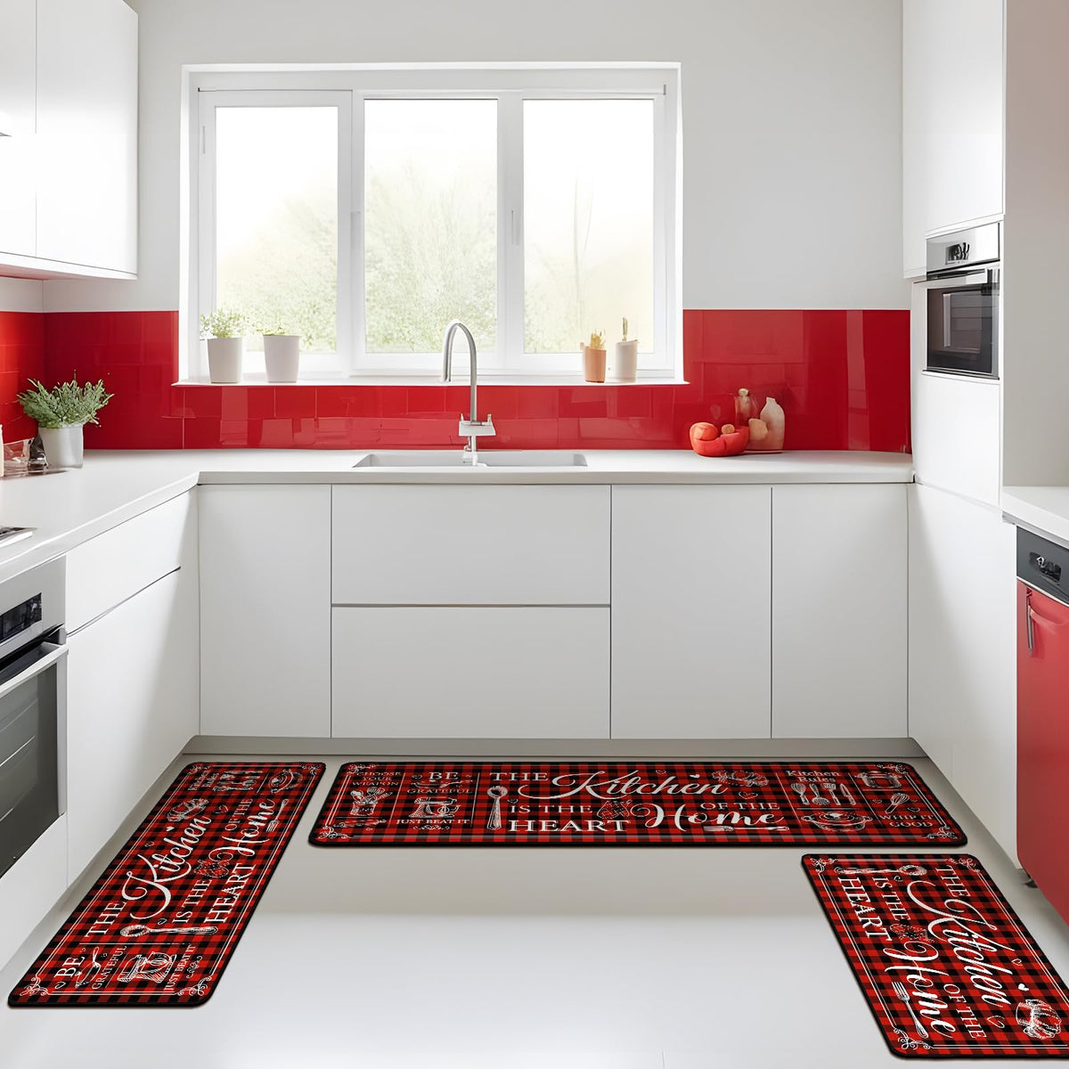 Bencailor 3 Pcs Farmhouse Kitchen Rugs Set Red Non Slip Kitchen Mats
