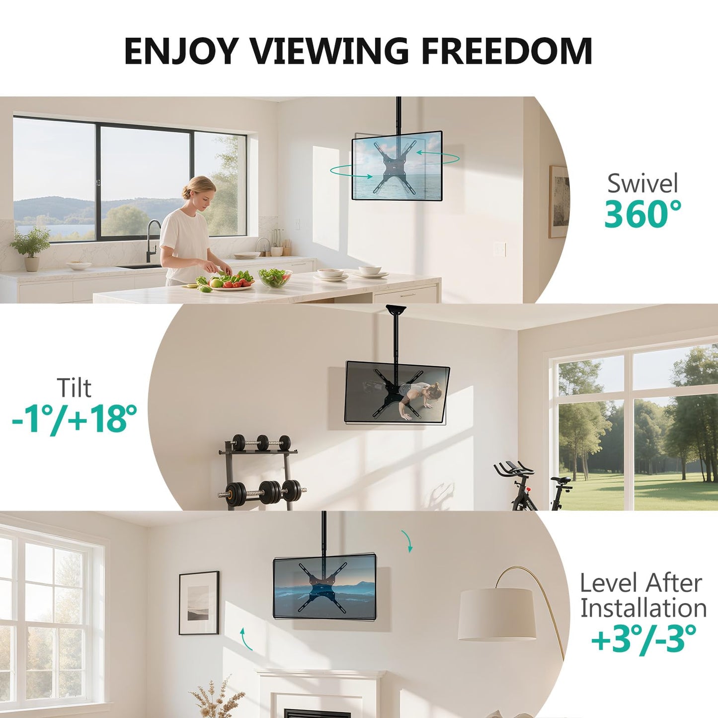 WALI Ceiling TV Mount for 26-65 Inch LCD LED OLED 4K TVs, Hanging Pole Ceiling Mount TV Bracket Up Down, TV Ceiling Mounts for Gym Patio Gazebo, up to 110 lbs, Max VESA 400x400mm (CM2665), Black