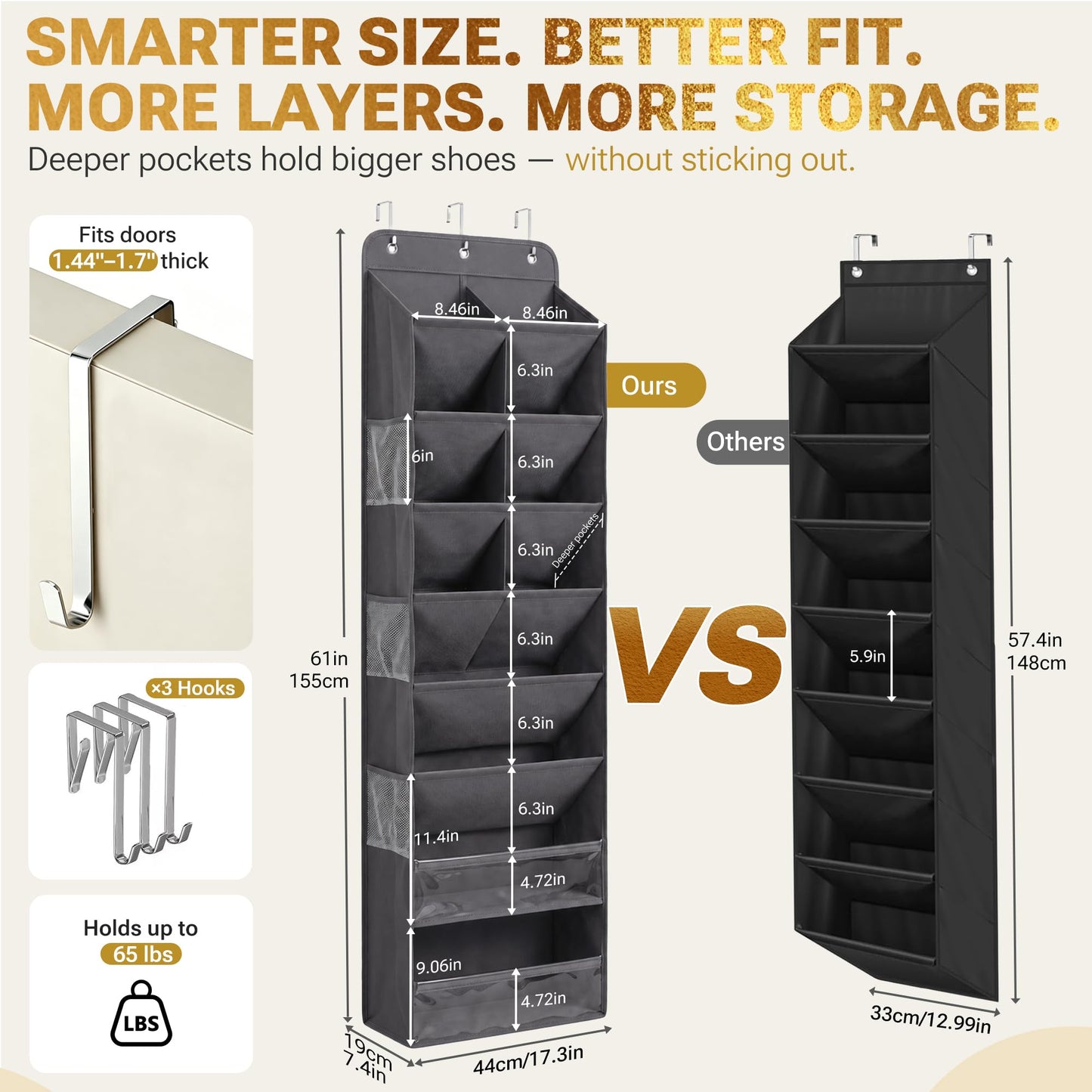 8 Tier Hanging Shoe Organizer – 100D Extra Thick Deep Pockets, Shoe Rack for Closet, Shoe Rack for Entryway, Over the Door Shoe Organizer for Closet with 6 Side Pockets for Boots (Dark Gray)