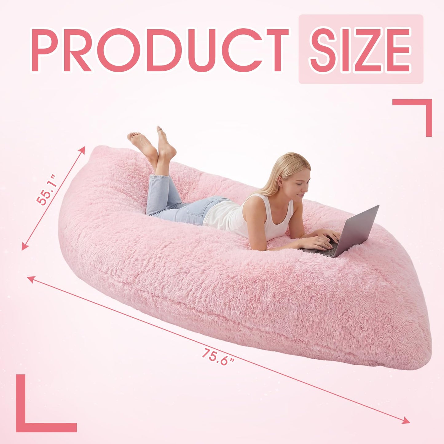 Cinnvoice Big Pink Bean Bag Chair Cover Only (No Filler) Extra Large Convertible Bean Bag Lazy Floor Cushion Sofa Cover Faux Fur Washable Stuffed Animal Storage for Adults Bedroom Living Room