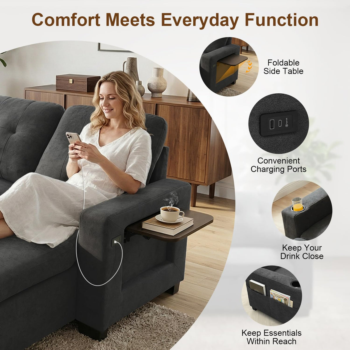 82" L Shaped Sleeper Sofa Bed, Pull Out Sectional Couch with Storage Chaise/Reclining Backrest, Sectional Couches for Living Room with USB Port, Foldable Table, Cup Holder, Side Pocket, Deep Grey