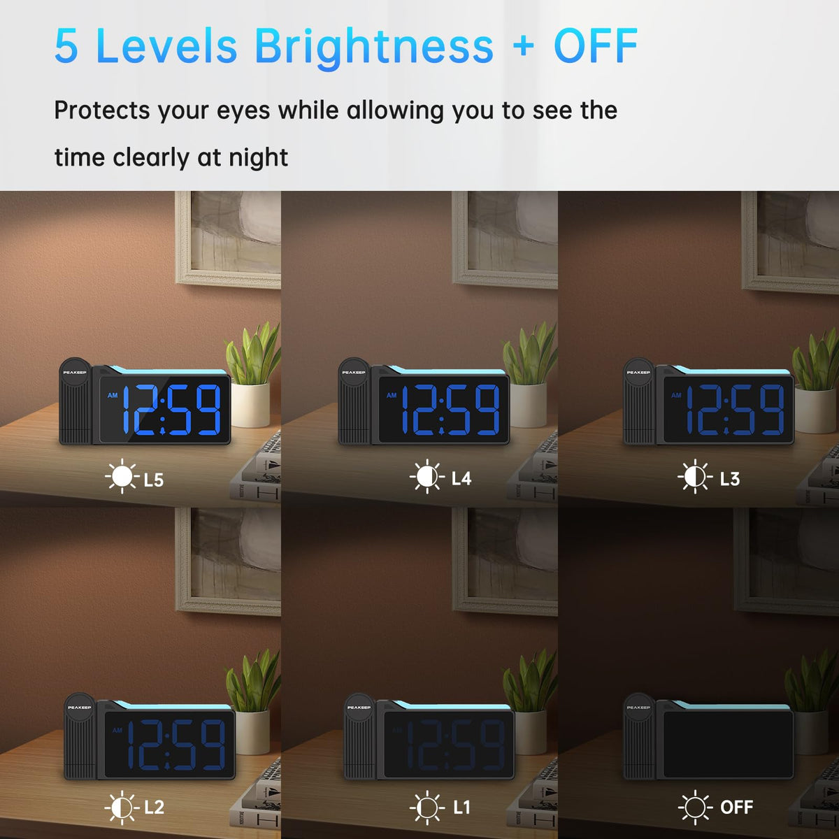 Peakeep Projection Alarm Clock for Bedroom Ceiling with Colorful Nightlight
