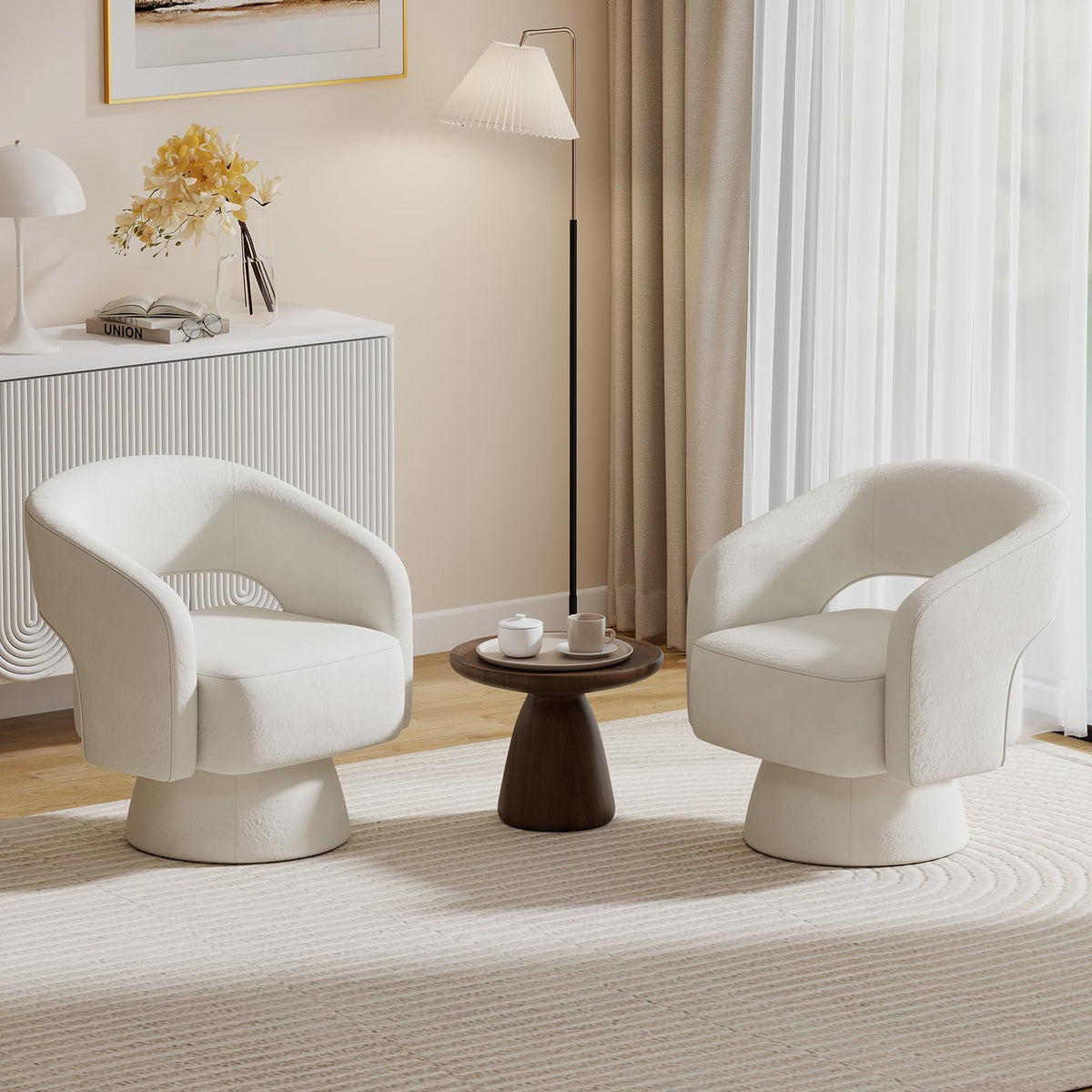 Bonzy Home Swivel Barrel Chair, Set of 2 Velvet Accent Armchair 360 Degree Swivel Club Chair for Living Room Bedroom Reception Room, Beige