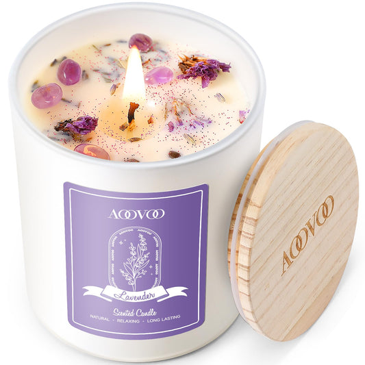 AOOVOO Lavender Scented Candles for Women - Aromatherapy Candle with Crystals Inside, 10oz Soy Candles for Home Scented, Birthday Gifts Mothers Day Candle for Women Mom