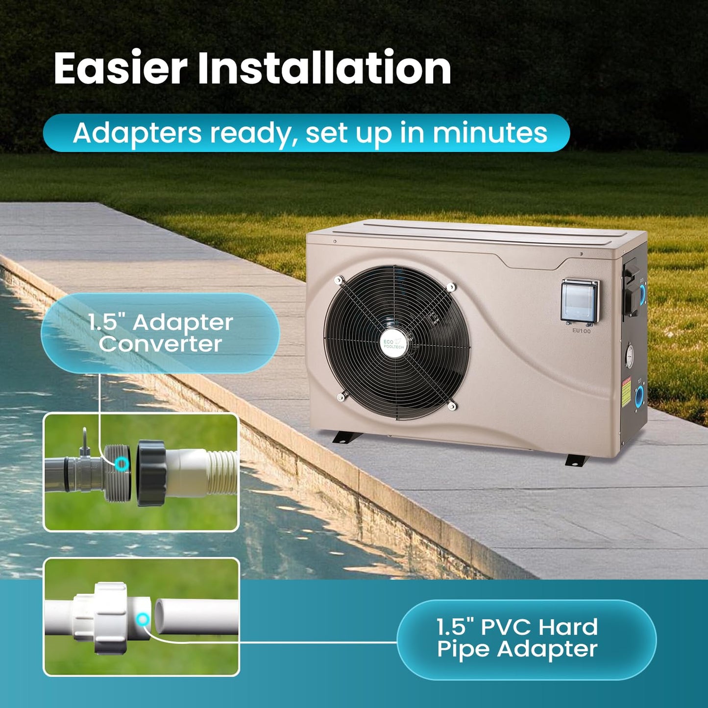ECOPOOLTECH Ultra Inverter Swimming Pool Heat Pump | Pool Heater for Above Ground and Inground Pool (up to 10000 Gal) | Heating and Cooling| Smart WiFi Control| Automatic Defrost