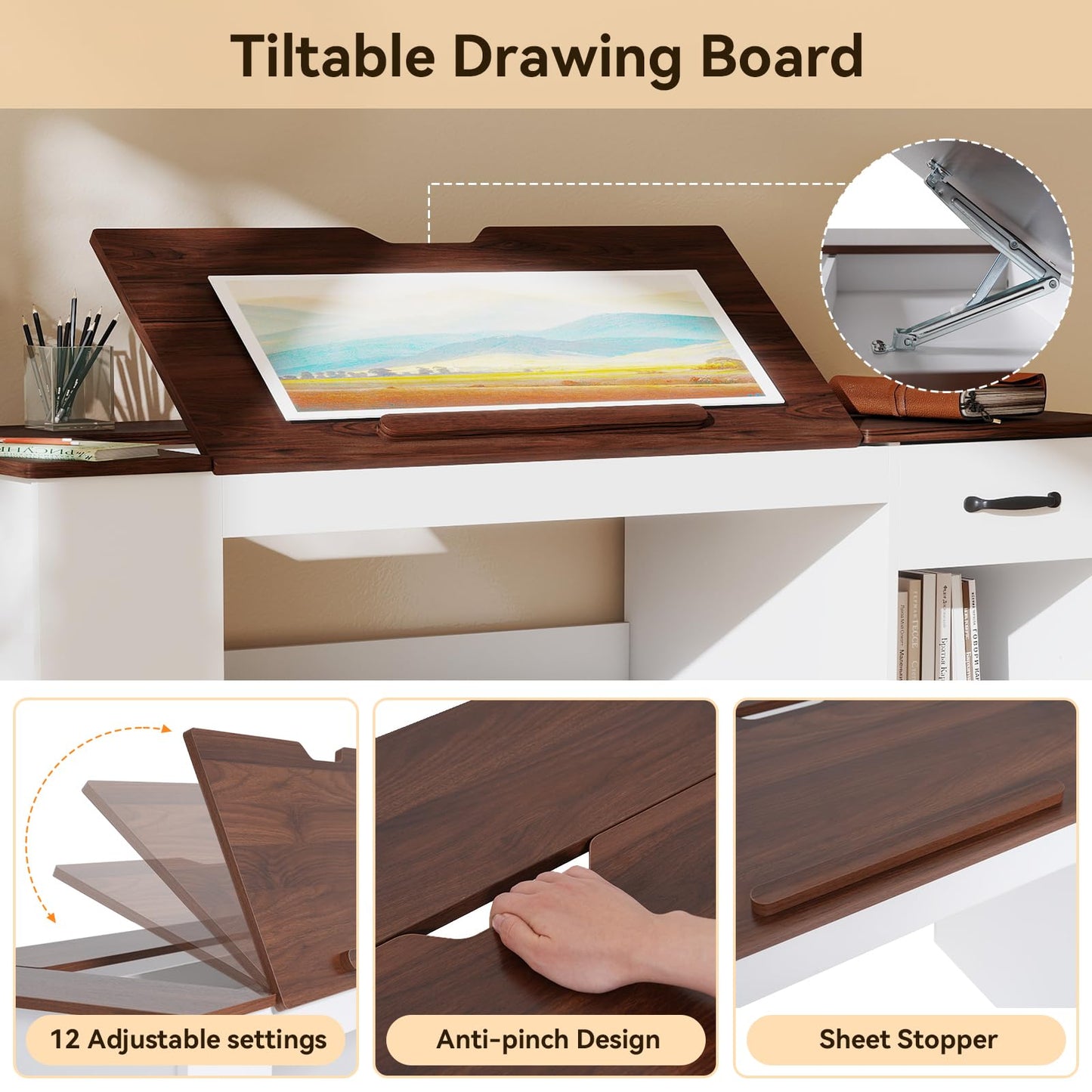 Verano Garden 55.1" Drafting Table, Craft Art Table, Computer Desk, White
