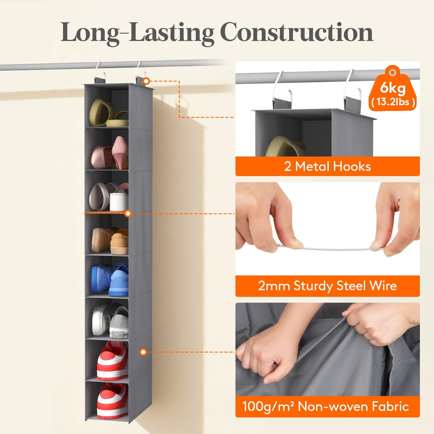 Lifewit 8 Section Hanging Shoe Storage Organizer for Closet Foldable, Gray
