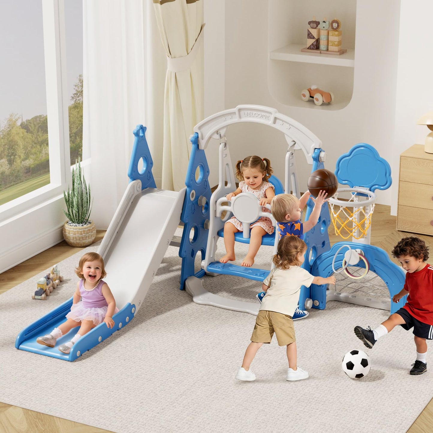 XJD 6-in-1 Toddler Slide and Swing Set, Kids Slide for Toddlers Age 1+, Toddler Outdoor Playset with Basketball Hoop, Football Frame, Swing, Christmas Birthday Gifts for Kids (Light Blue)