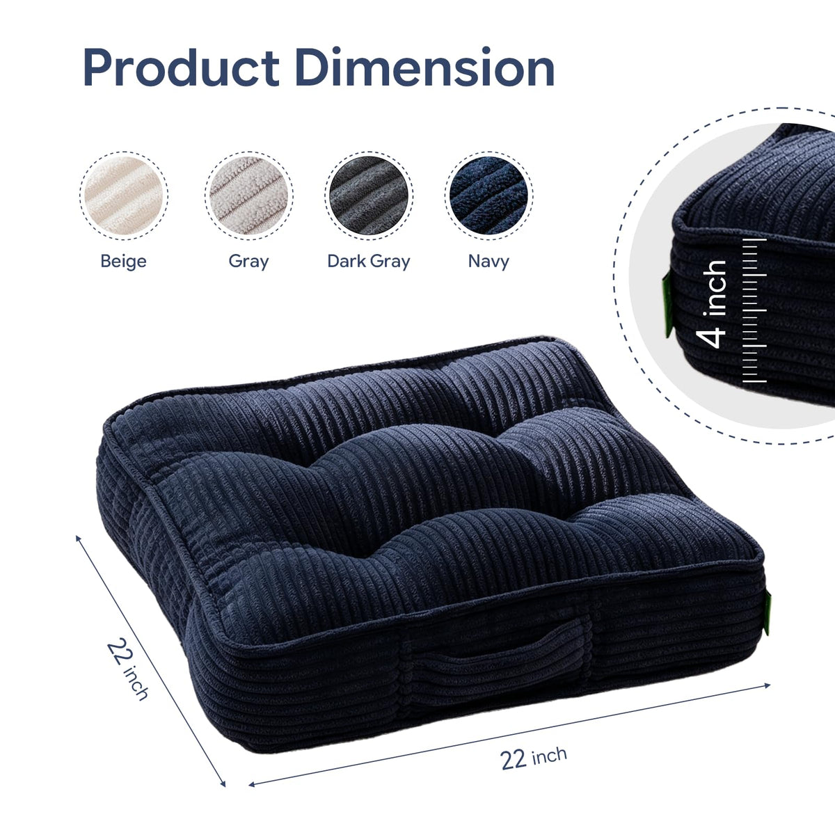 Smaour Meditation Floor Pillow, Square Large Pillows Seating for Adults, Tufted Corduroy Cushions for Yoga Reading Nook, Classroom and Living Room, Blue, 22x22 Inch