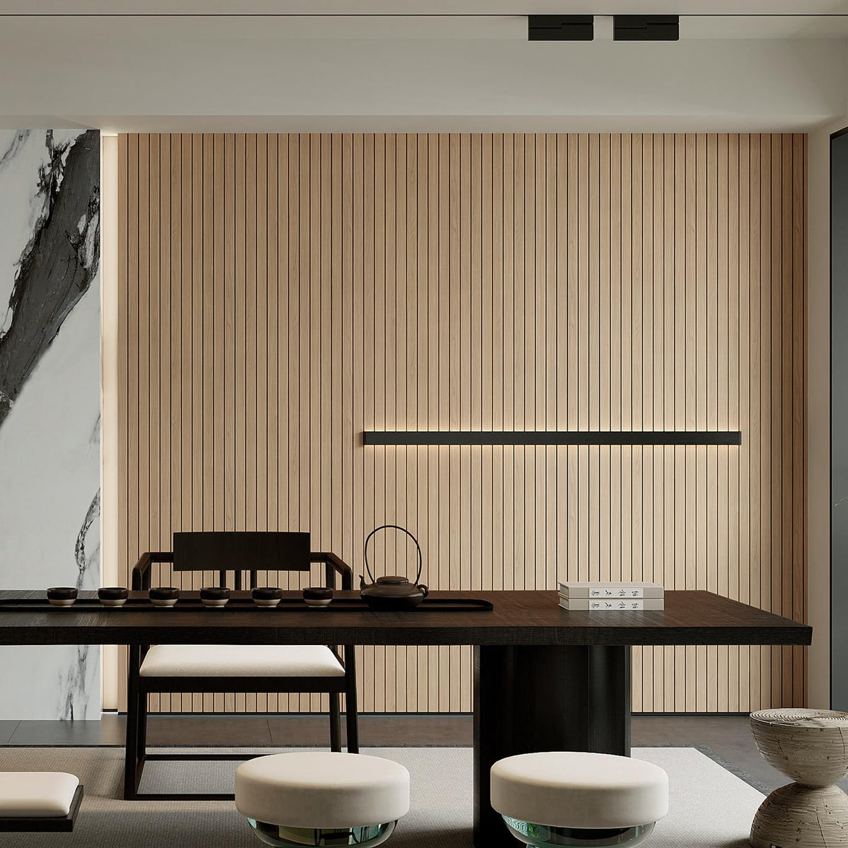 YU LI 3DH Peel and Stick PVC Slat Wall Panel, 236 x 15.75 Inches, Self-Adhesive Faux Oak Wood Grain, 3D Soundproof for Ceilings and Rooms - 1 Pack