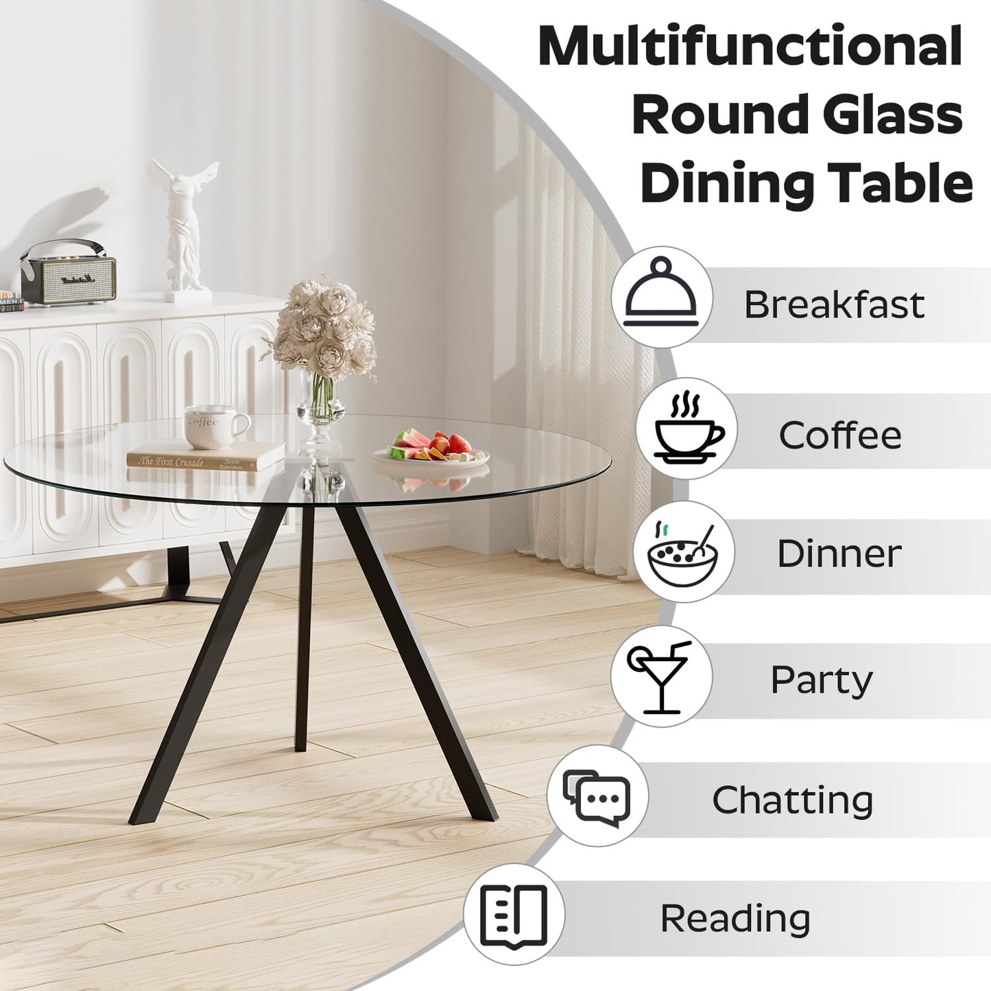 SIZOTA Round Dining Table for 4, 47" Modern Glass Dining Table, Leisure Coffee Table, Kitchen Circle Dinner Table, Saving Space(Black)