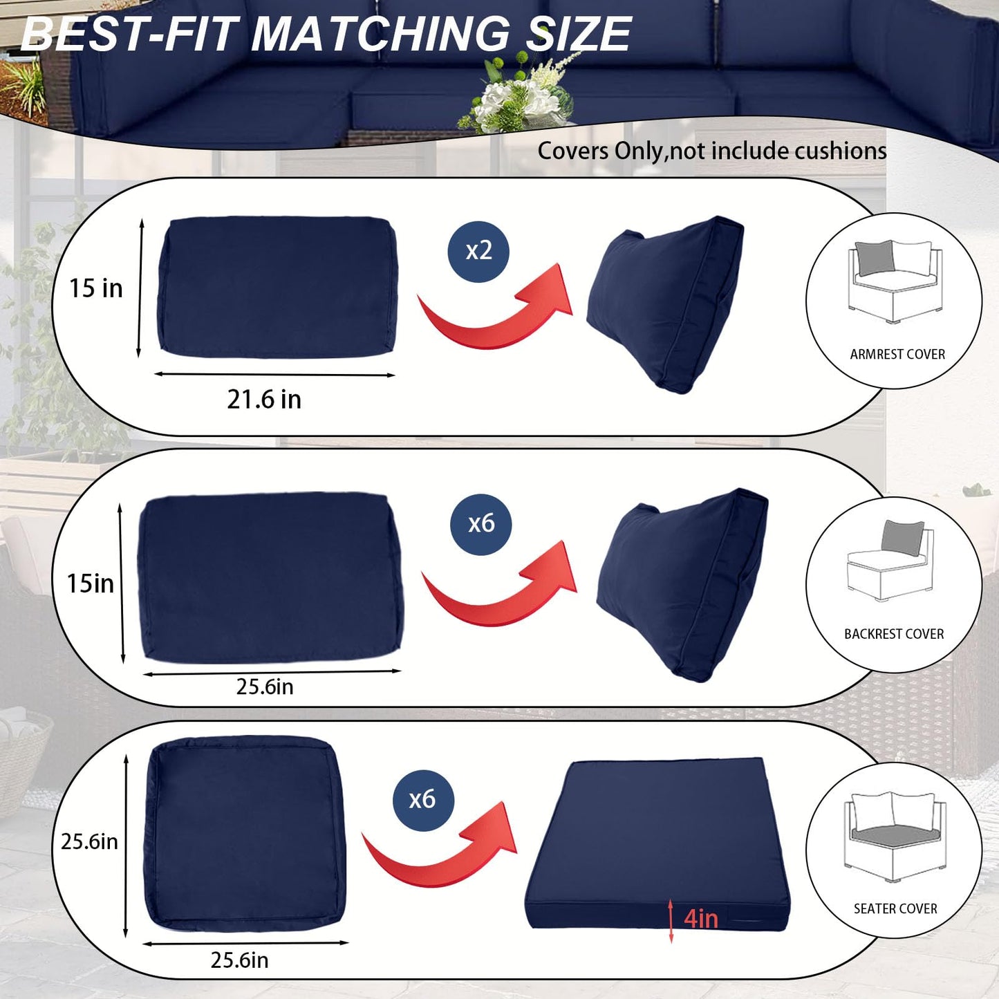 Actualaction Outdoor Cushions Covers for Patio Furniture, Patio Cushion Covers Replacement with Zipper, Outdoor Cushion Covers Waterproof & Fade Resistant,14 Pieces (Navy Blue, 25.6x25.6x4inch)