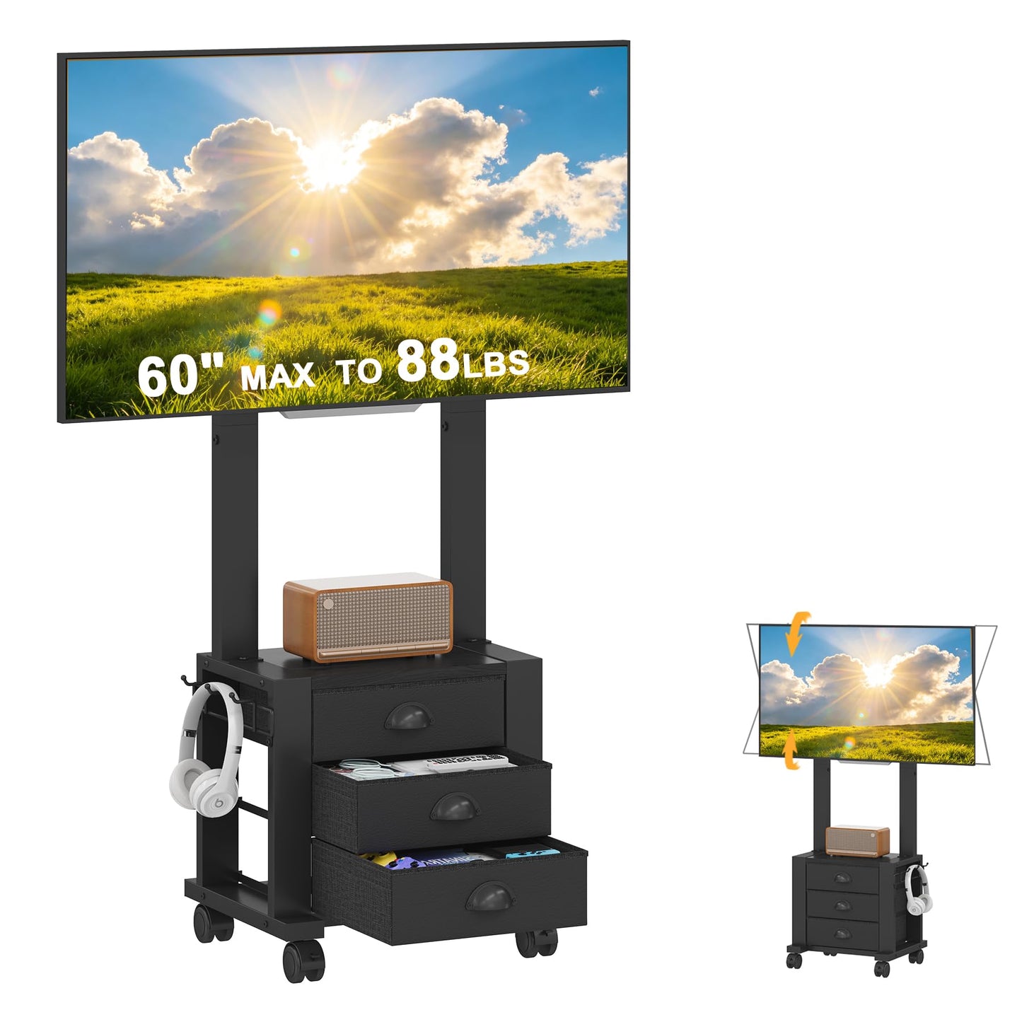 Rolling TV Stand with 3 Drawers for 23-60 Inch TVs with Storage