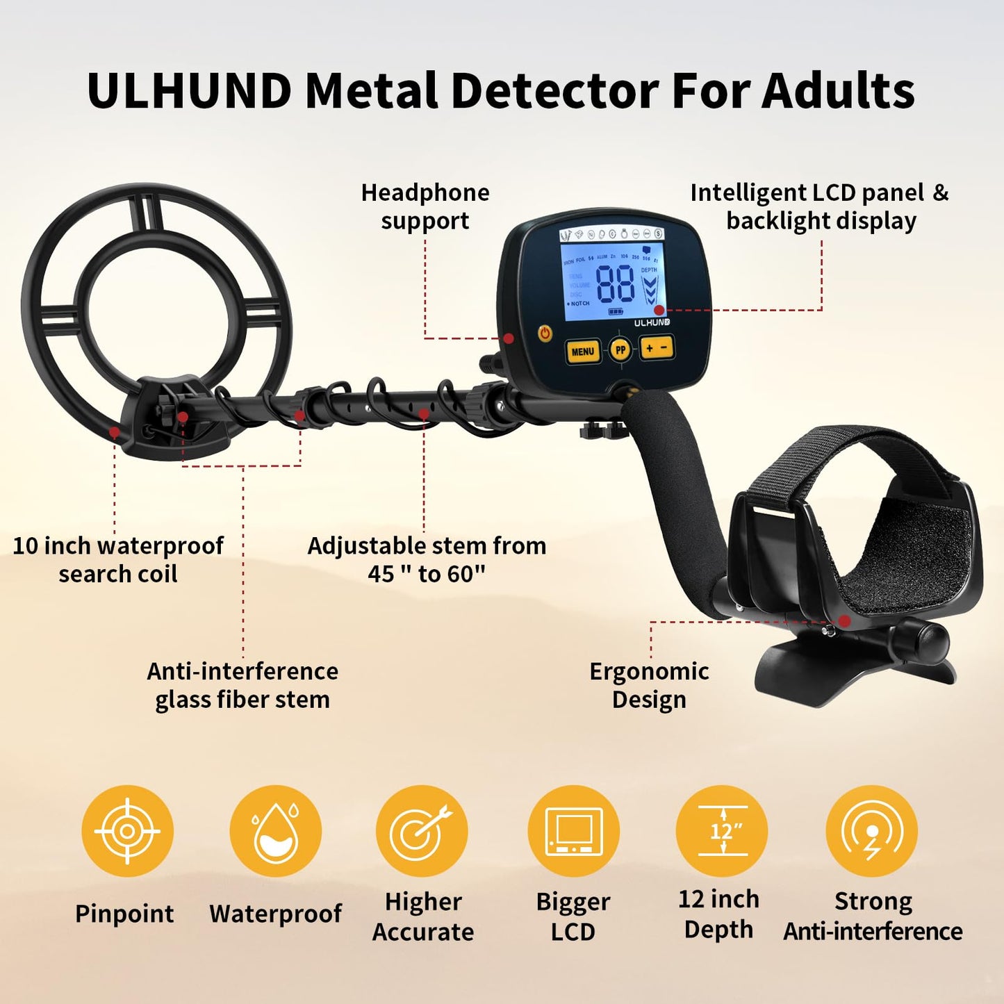 ULHUND Upgraded Metal Detector for Adults Professional - High Accuracy Gold Finder with DSP Chip & 10" IP68 Waterproof Search Coil, 12" Deep Detection and 60" Adjustable Length for Beach & Yard