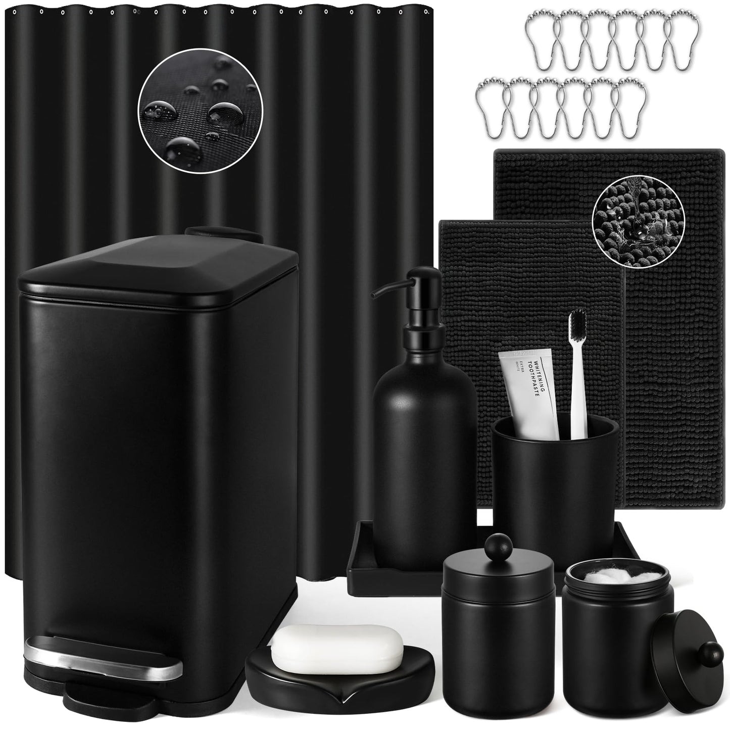 Bathroom Sets with Shower Curtain and Rugs, 22 Pcs Black Bathroom Accessories with Trash Can, Waterproof Shower Curtain, Bathroom Rugs Super Absorbent, Modern Bathroom Sets Complete Decor