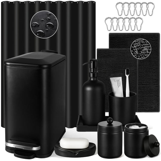 Bathroom Sets with Shower Curtain and Rugs, 22 Pcs Black Bathroom Accessories with Trash Can, Waterproof Shower Curtain, Bathroom Rugs Super Absorbent, Modern Bathroom Sets Complete Decor