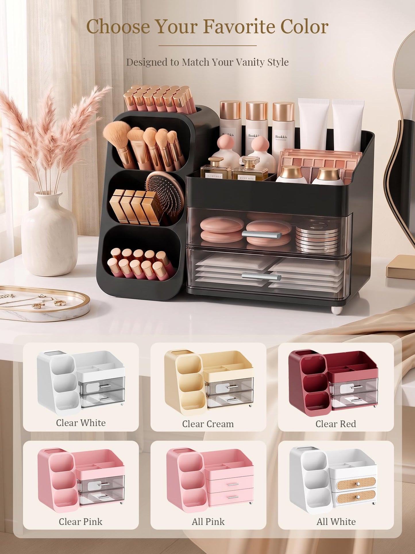 Booklov Large Makeup Organizer for Vanity Countertop, Black
