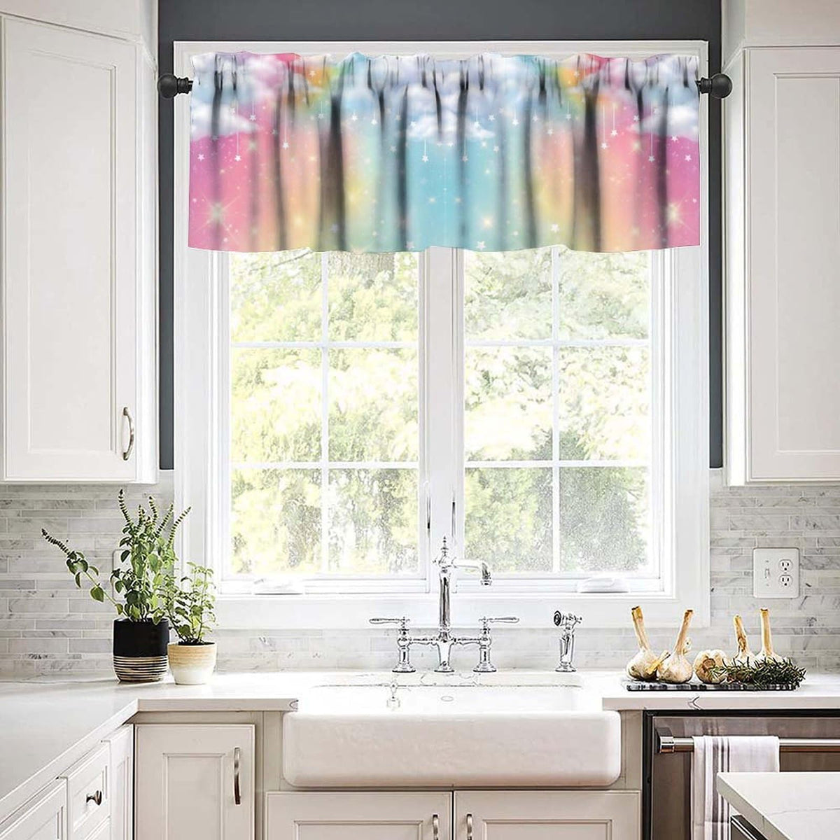 TFOSO Rainbow Valance Curtains,Kids Girls Cute Colorful Clouds Pastel Starry Sky Stars Aesthetic Short Drape for Living Room Cafe Restaurant Window Treatment 1 Panel 54" W x 18" L Inch