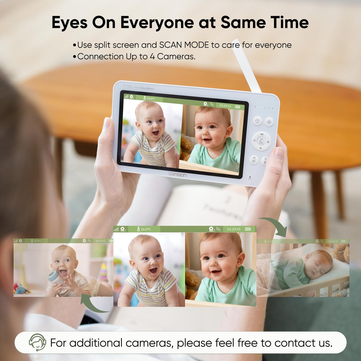 bonoch V2.0 1080P Baby Monitor with 2 Cameras, 7" Split Screen No WiFi