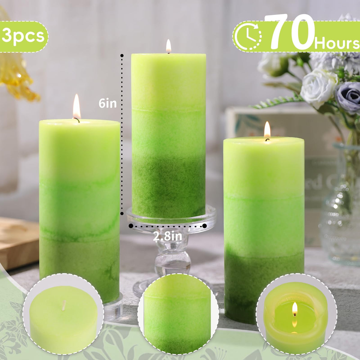 Sage & Citrus Scented Pillar Candles,2.8x6 Inch,70 Hour,3 Pack