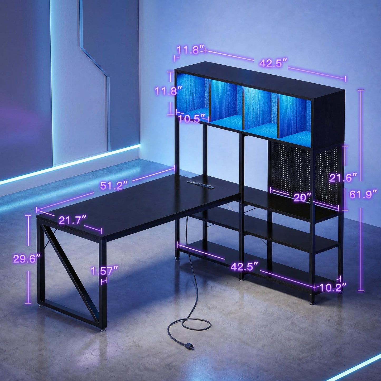 AODK 63" L Shaped Gaming Desk with Display Hutch and Large Desktop, Black