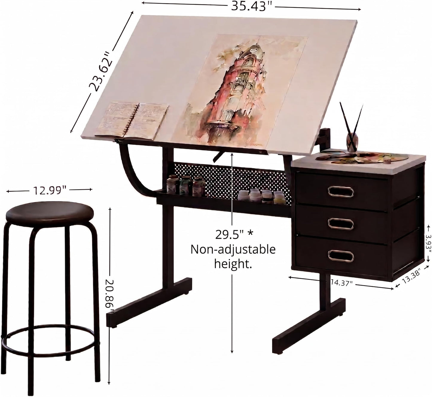 MOMONITOR White Adjustable Drafting Table with Stool & 3 Drawers, Tilting Art Desk for Drawing & Crafting, Multi-Functional Study & Office Desk