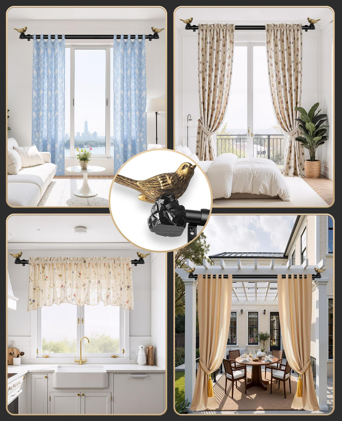 KVEEO 1 or 7/8 Inch Bird-Shaped Decorative Finials for Curtain Rods,Curtain Rod Ends Metal Curtain Rod Finials Ends Easy to Install Set of 2 Rod End (Gold)