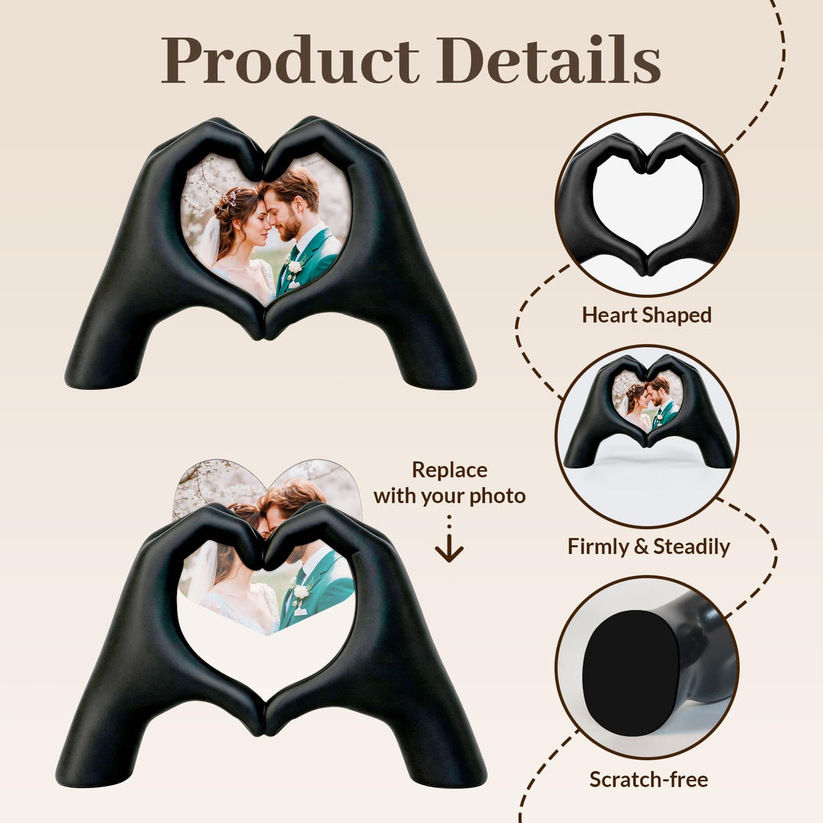 AWAIOY Heart Hand Picture Frame 3x3, Black Resin Love Sculpture Photo Frame