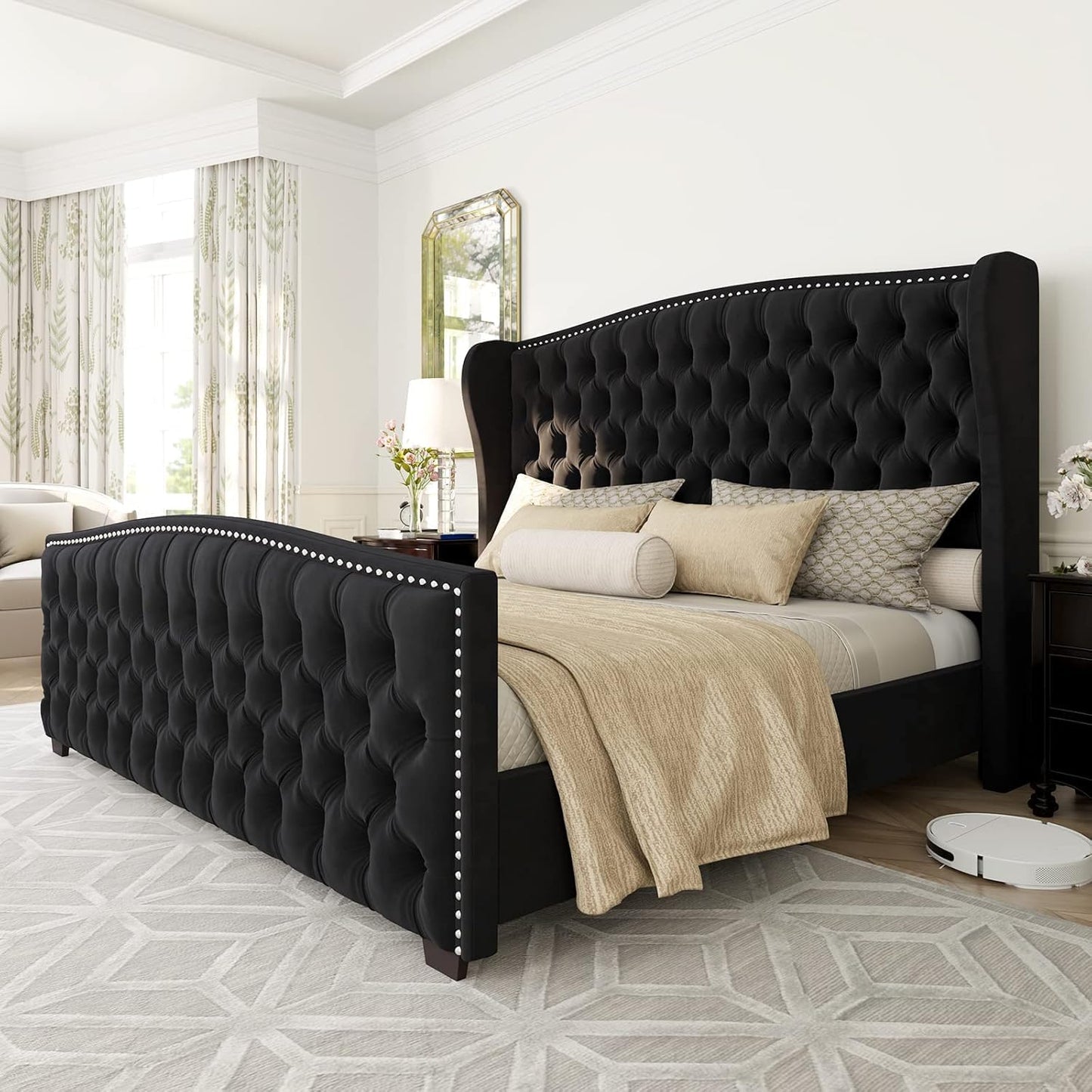 AMERLIFE California King Platform Bed Frame with Upholstered Headboard