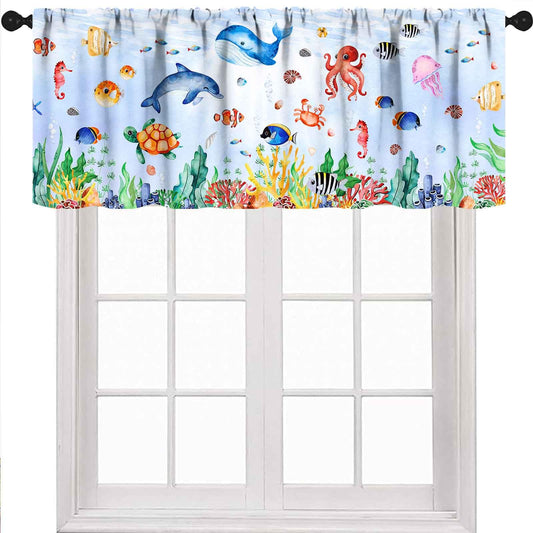 Lnepty Whale Window Valance for Kids Room,Cartoon Cute Ocean Fish Shark Underwater Tropical Fish Coral Colorful Animal Window Treatments for Boys Girls Baby Bedroom Nursery 1 Piece,54x18 Inch