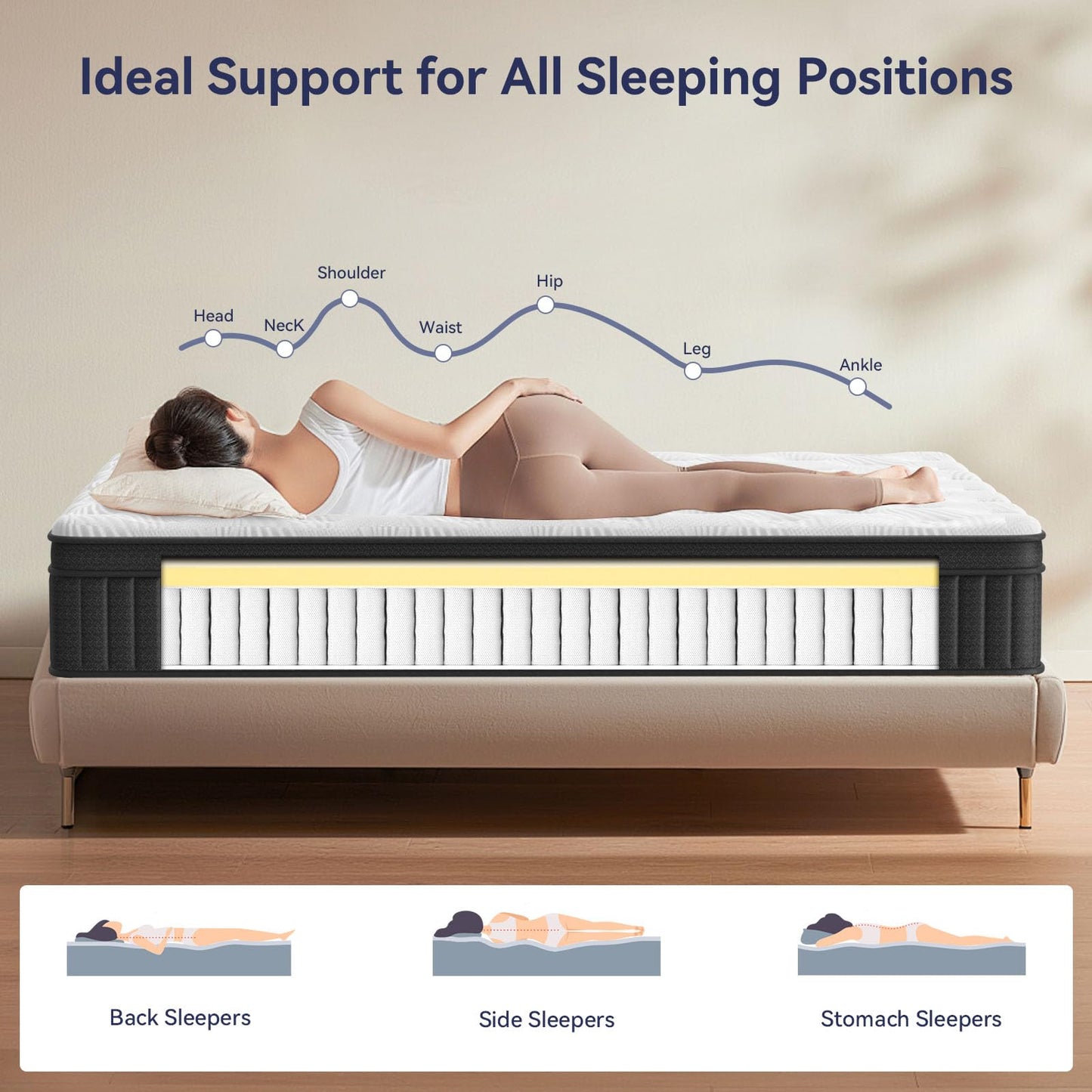 CRYREINA King Size Mattress, 14 Inch King Mattress Hybrid in Box, Individual Pocket Springs, Medium Firm, Breathable and Comfort