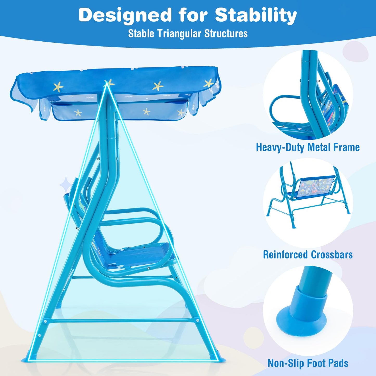 HONEY JOY Kids Patio Swing, 2-Seater Outdoor Porch Swing Lounge Chair, Adjustable Canopy & Safety Belt, All Weather Resistant Waterproof Hanging Swing Bench for Garden Poolside Balcony(Blue Dinosaur)