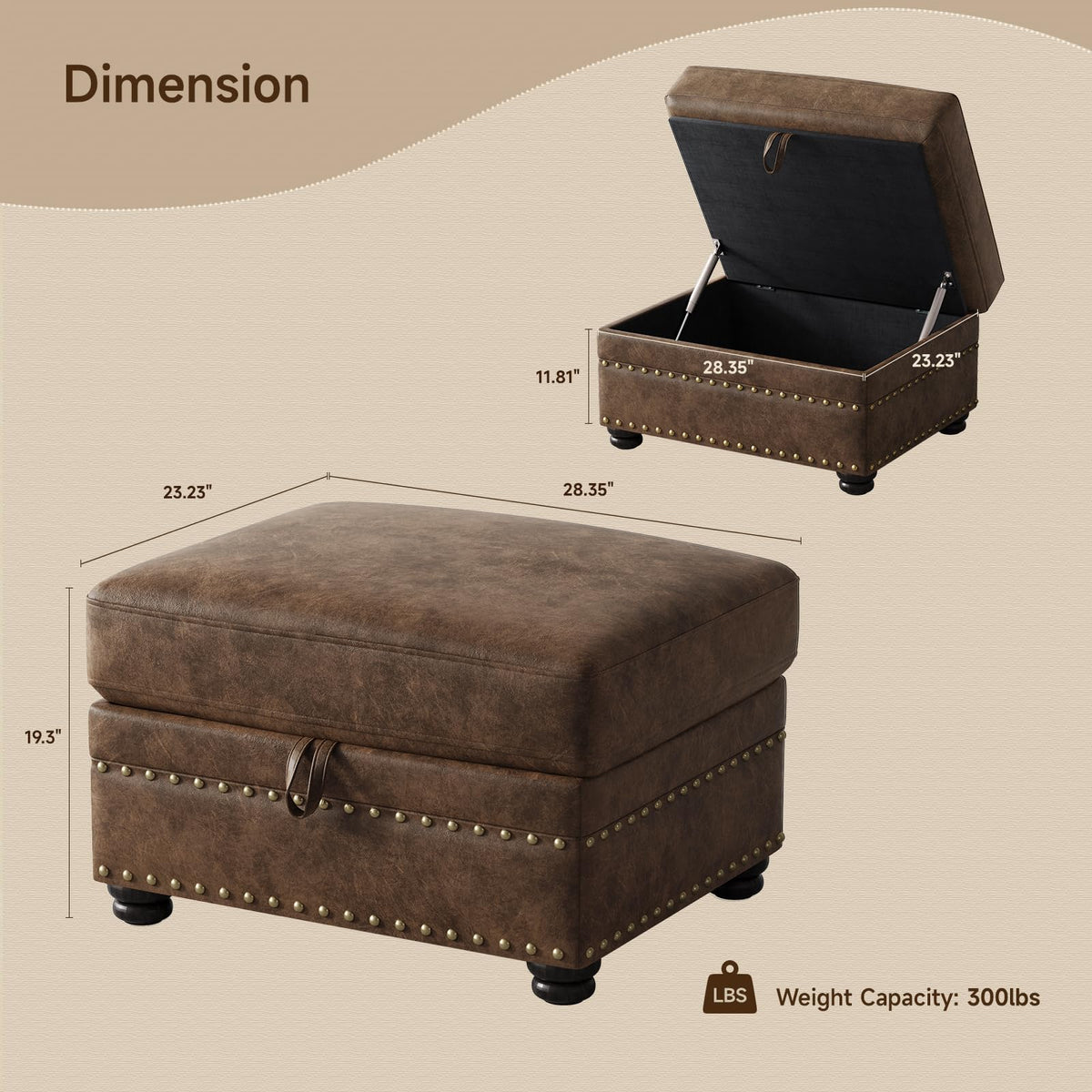 ONBRILL Faux Leather Ottoman with Storage, Rectangle Leather Foot Stool
