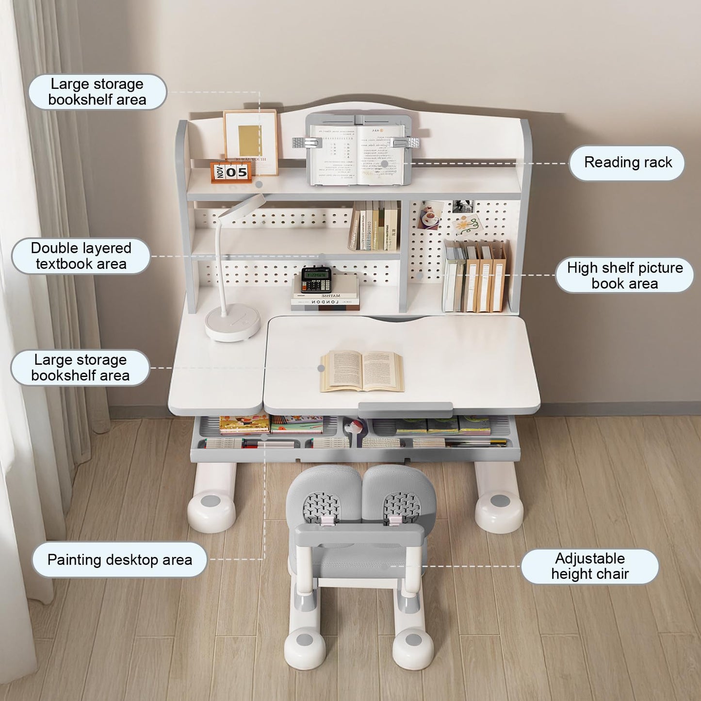 OYOWINGO Kids Functional Desk and Chair Set - Ergonomic Height Adjustable Art Desk for Bedroom with Tiltable Desktop, Book Stand, Reading Rack & Storage Drawer for Children Boys & Girls (Grey)