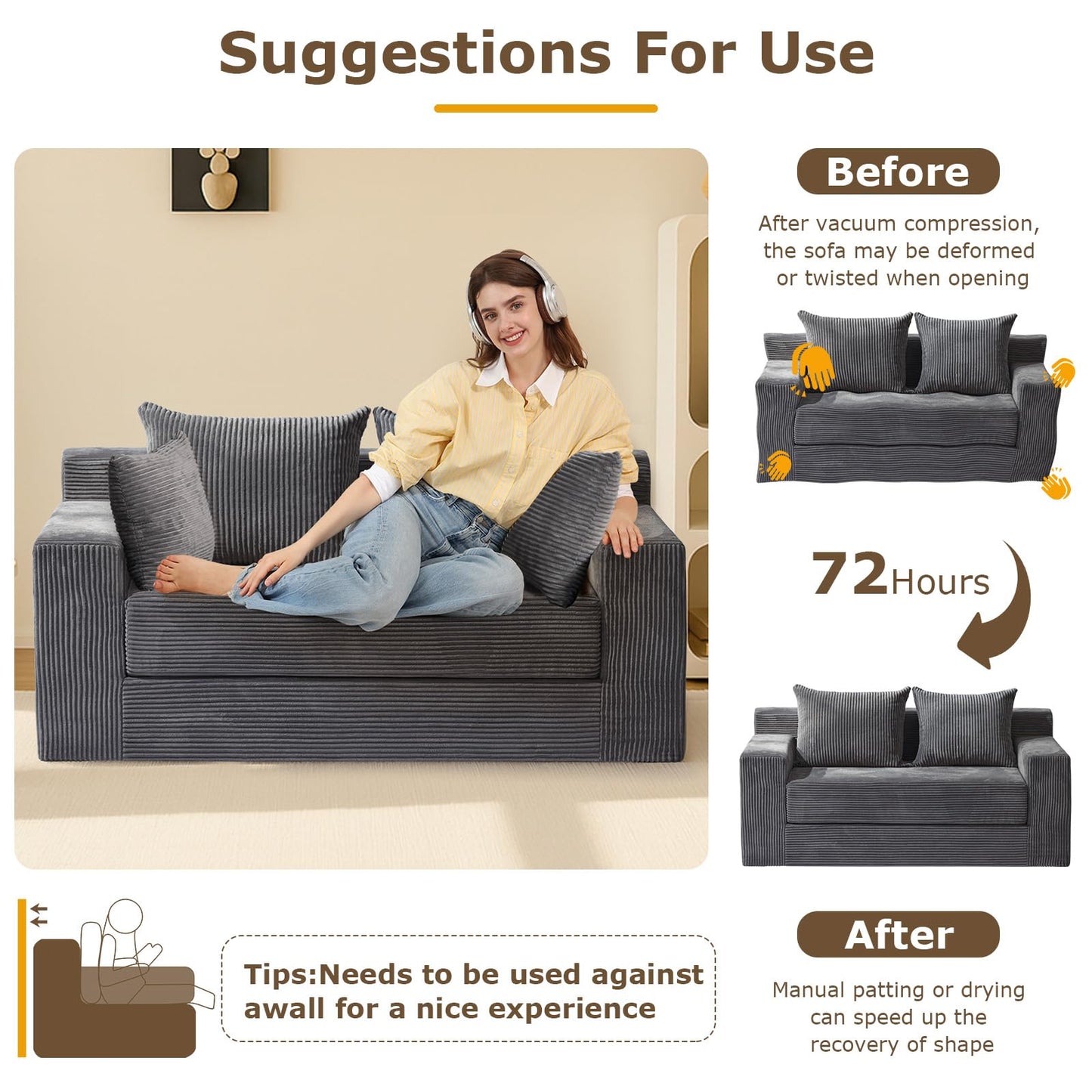 cidludto Convertible Sofa Bed, Boneless Loveseat Folding Couch Bed Foldable - 3 in 1 Small Ccouch & Futon Sofa Bed, Corduroy Pull Out Couch with 4 Pillows for Living Room, Black