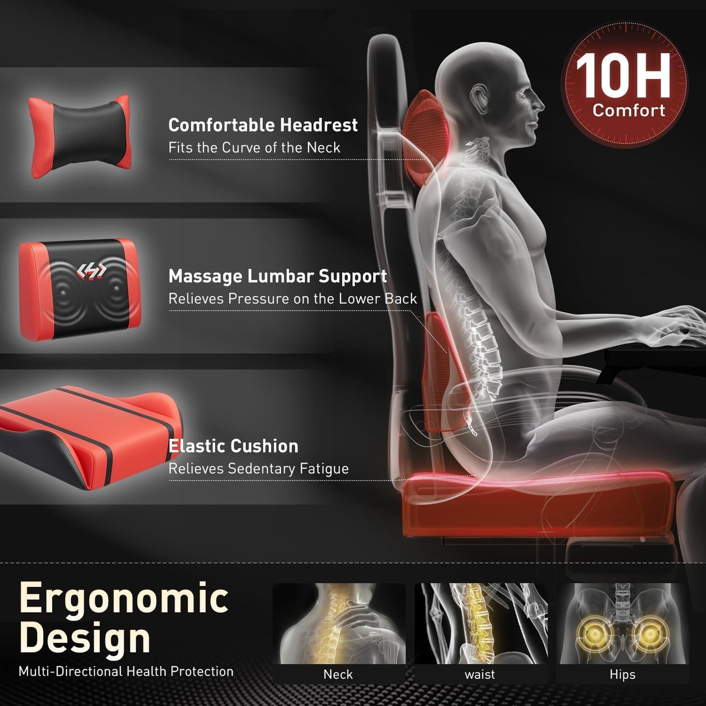 HLDIRECT High Back Gaming Chair, USB Massage Lumbar Support, Black&Red