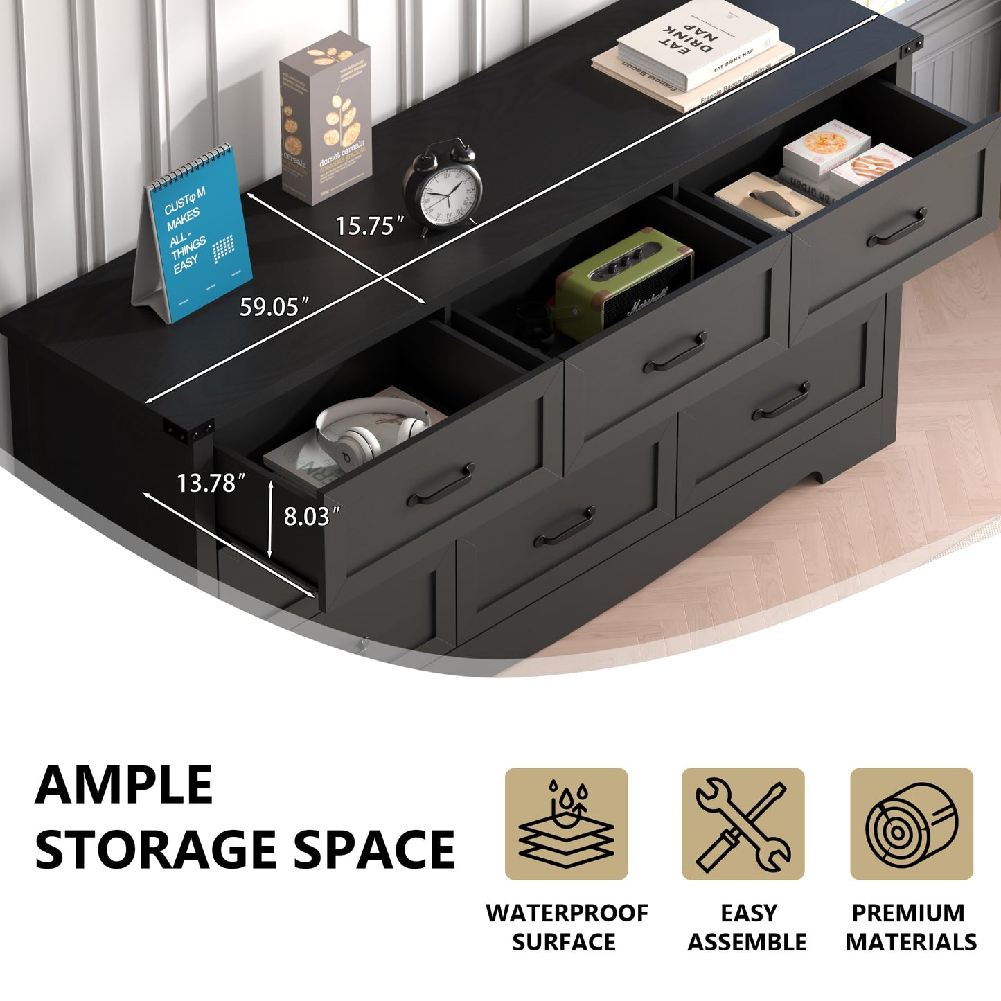 Thacuok Black Dresser for Bedroom, 59'' Wide Chest of Drawers with Natural Wood Texture, 9 Drawer Dresser for Closet with Metal Handles, Sleek Storage Solution for Living Room, Office, Hallway