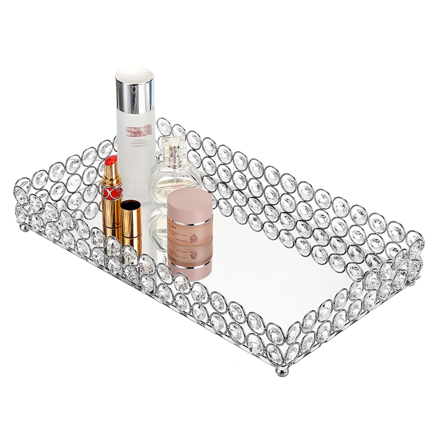 Hipiwe Crystal Cosmetic Vanity Tray, Mirrored Decorative Jewelry Organizer Tray for Perfume, Trinket, Makeup Display Dresser Home Decor (Large, Silver)