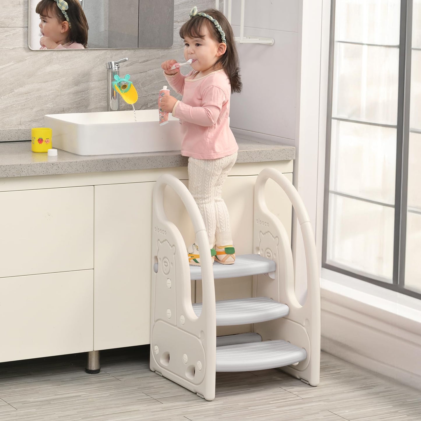 Toddler 3 Step Stool Onasti Kids Standing Tower for Toddlers Plastic Learning Helper Stool for Kitchen Counter Bathroom Sink Toilet Potty Training with Handles and Non-Slip Pads-Grey White