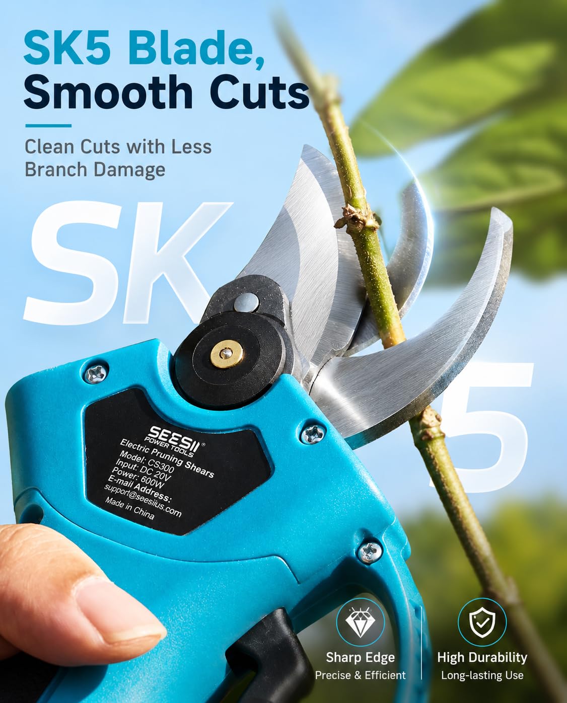 SEESII Electric Pruning Shears, 1.4" Cutting Cordless Power Pruner, 2×2000mAh Batteries, Brushless Motor, Extra SK5 Blade, 2 Modes Battery Powered Branch Cutter for Garden Tree Trimming