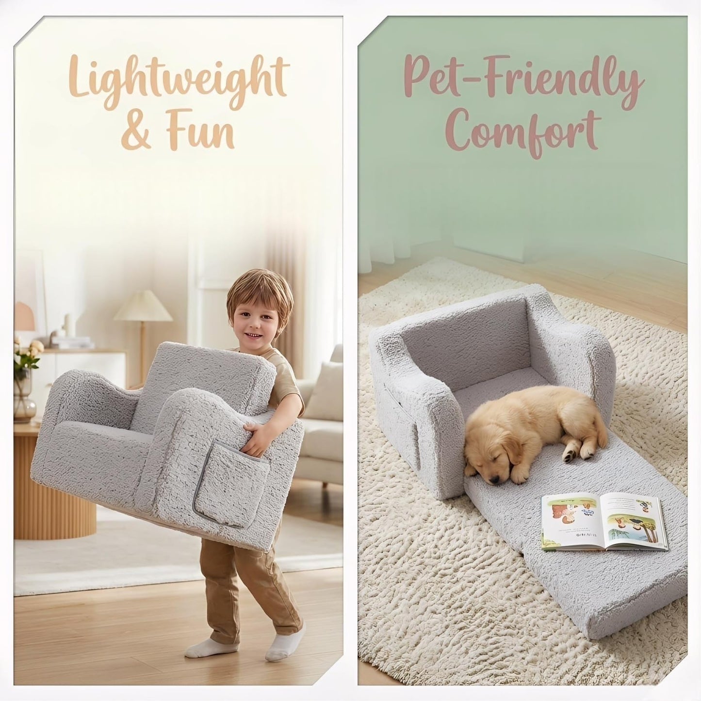 MOMCAYWEX Kids Sofa, 2-in-1 Flip-Out Foam Couch with Soft Sherpa Cover, Cozy Play Lounge Chair, Grey