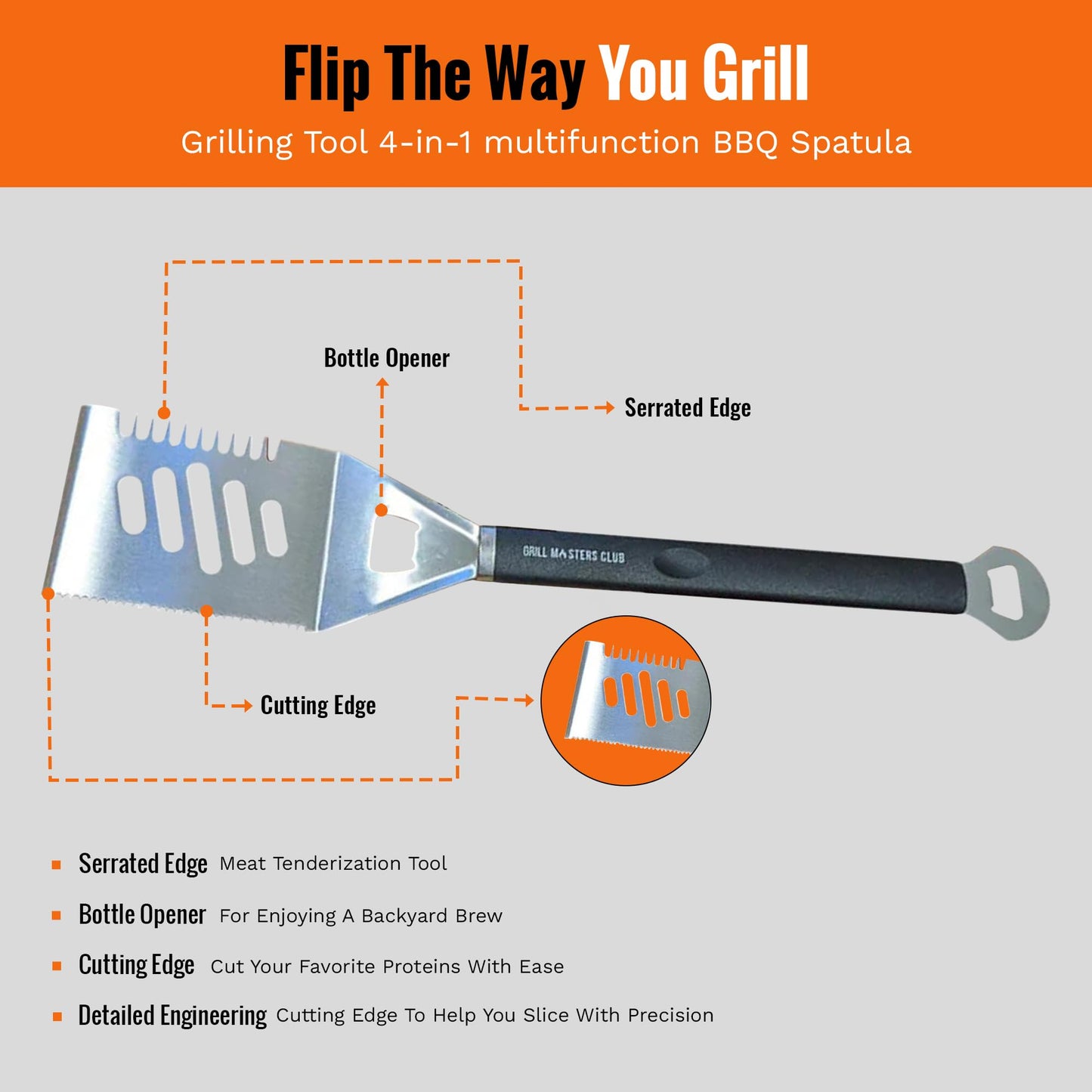 Grill Masters Club 4-in-1 BBQ Spatula | Multifunctional Stainless Steel Grill Spatula with Polypropylene Handle, Serrated Edges, Bottle Opener | Perfect for BBQ grills, kebabs for Camping & Picnics