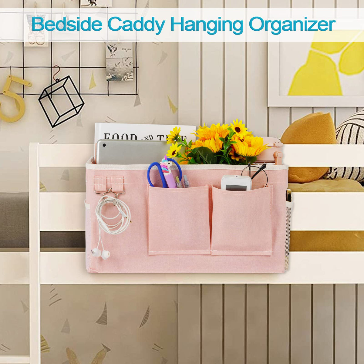 Bedside Caddy, Bedside Storage Bag Hanging Organizer for Bunk Dorm Bed Rail