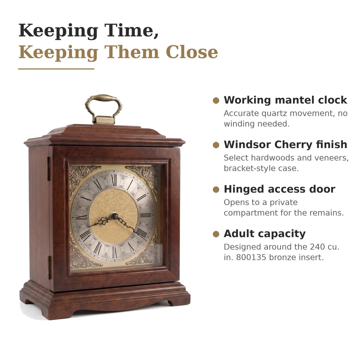 Howard Miller Continuum II Mantel Clock Urn Box 810-122 – Windsor Cherry, Select Hardwoods & Veneers, Bracket-Style, Roman Numerals, Interior | Memorial Wall Digital Tribute Access Included