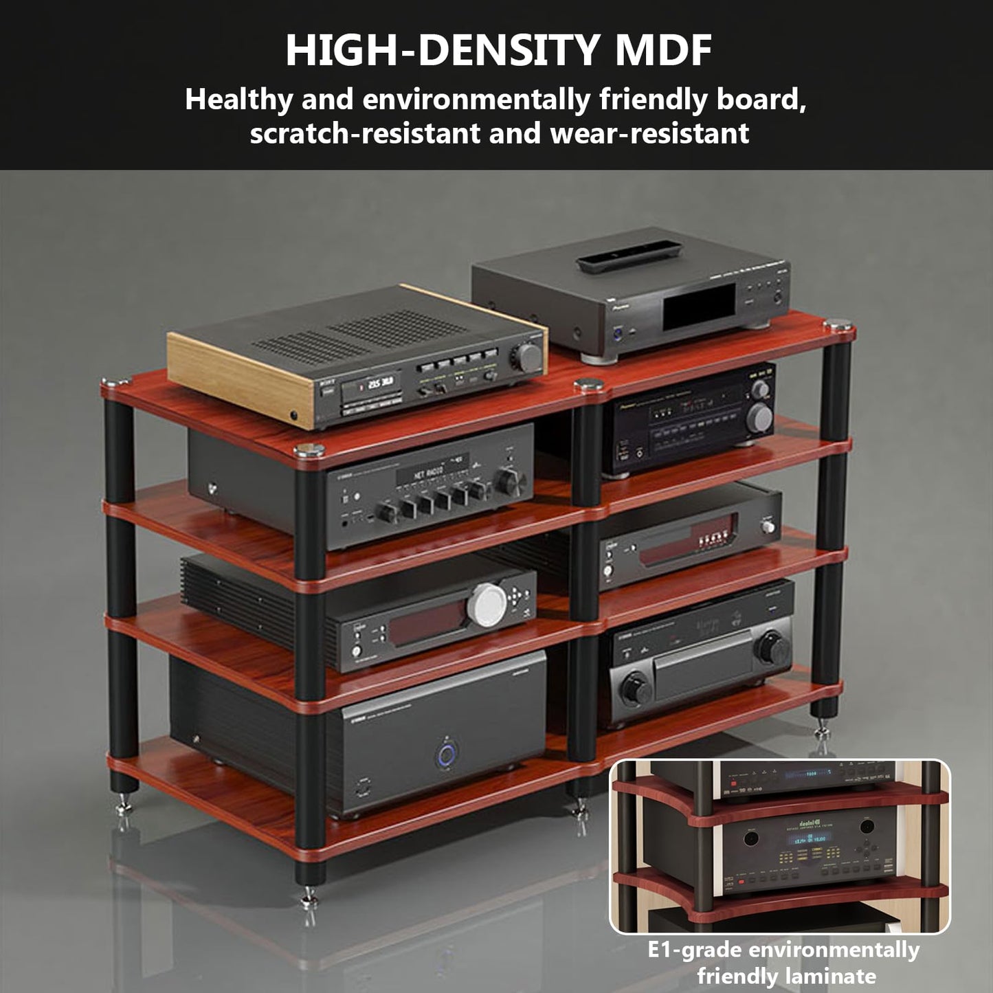 RAJYQODIS Heavy Duty AV Media Stand, Multifunctional Stacking Audio Component Rack with Shock-Absorbing Foot pegs, Audio Stand for Home Theater Studio (Teak, Third Floor)