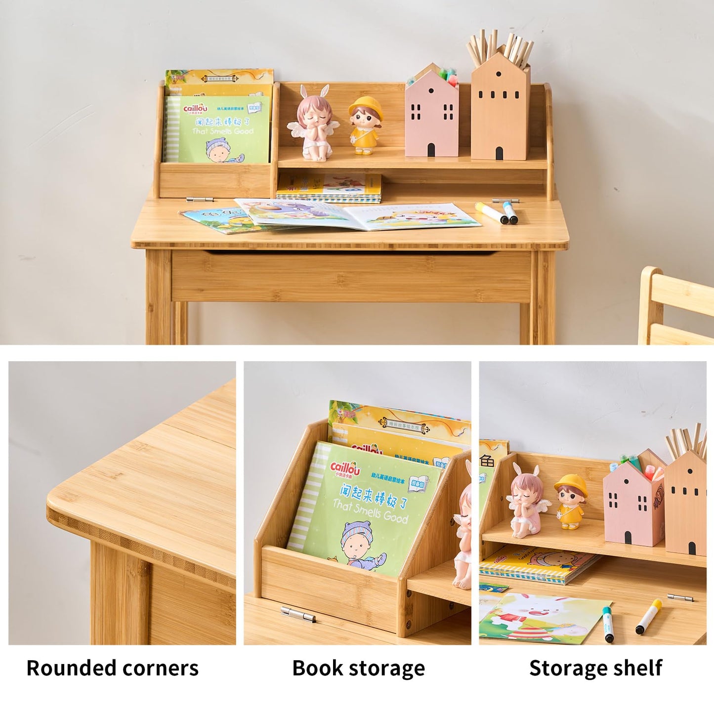 UNICOO Bamboo Toddler Desk and Chair Set with Lift-Top Storage, Kids Study Table with Hutch and Bookshelf, Writing Reading Art Desk for Boys and Girls Ages 3-8
