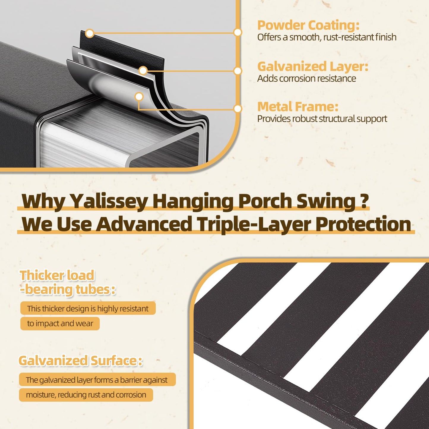 Yalissey 3 Seat Hanging Porch Swing, Patio Swing Bench with Cup Holders & 3 Back Cushions, Swing Chair with Chains for Deck Garden Backyard,Beige(60-Inch Width)