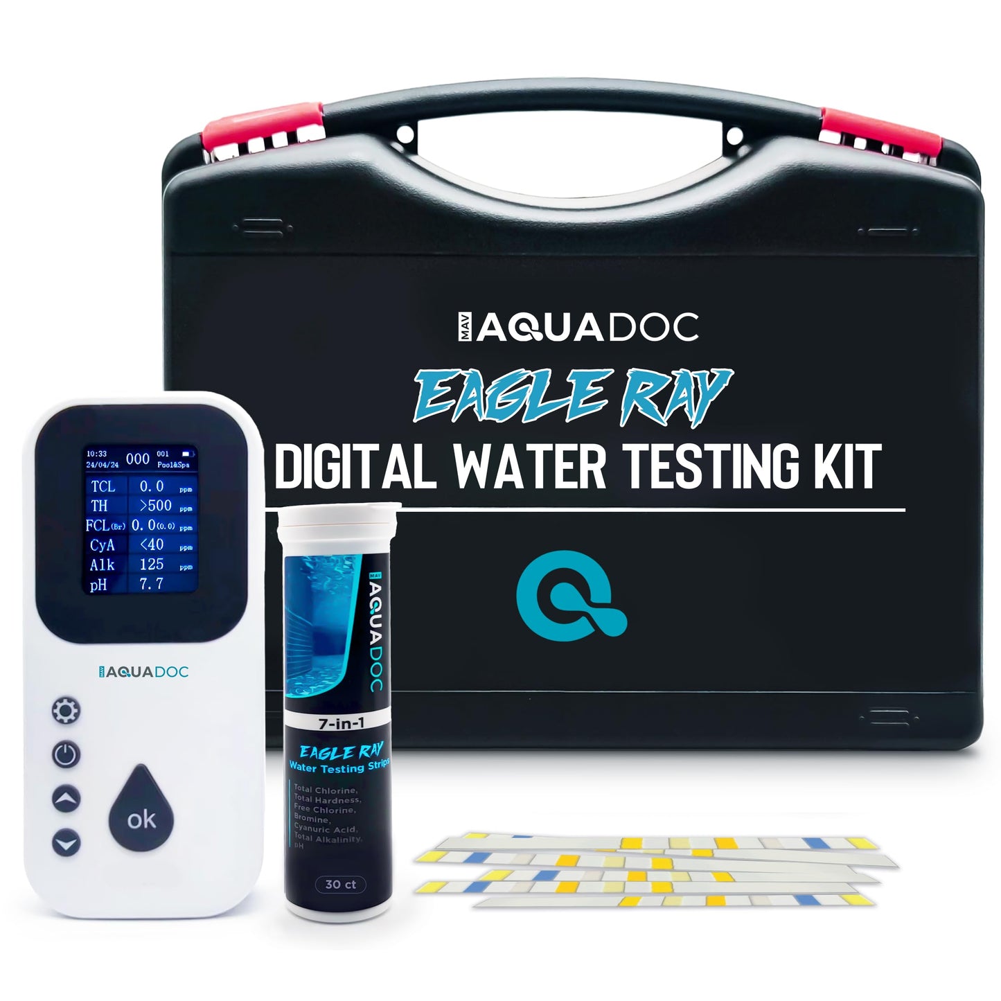 Eagle Ray Digital Water Test Kit for Pool & Spa by AquaDoc with Digital Water Tester and 30 Pool & Hot Tub Test Strips for Chlorine, Bromine, Total Hardness, Cyanuric Acid, Alkalinity and pH