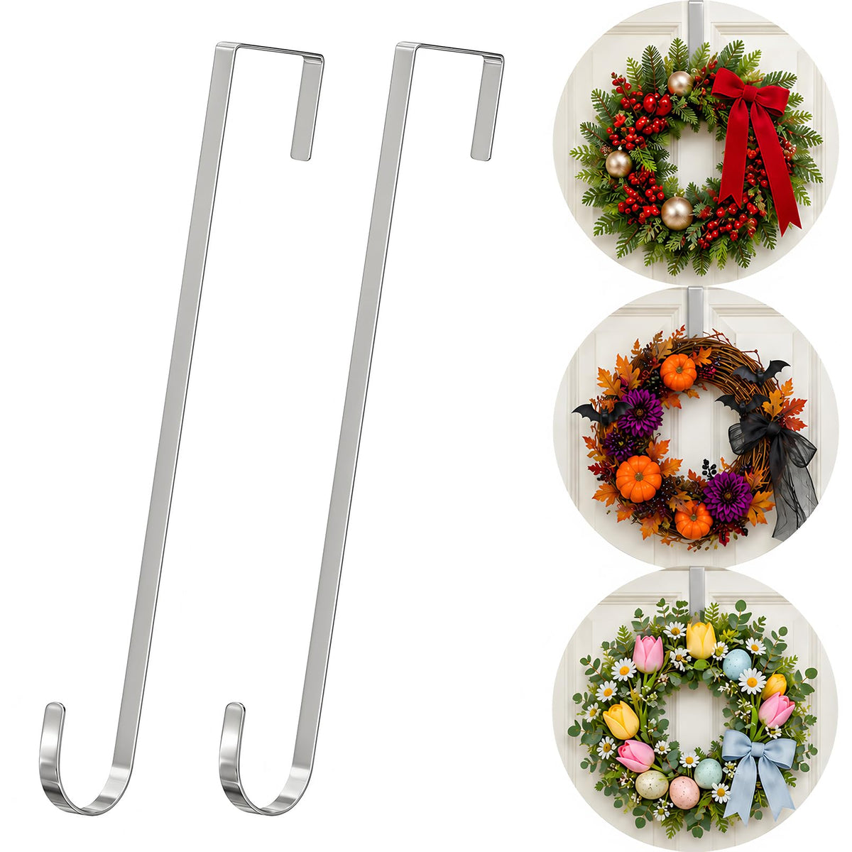 2 Pack Wreath Hangers for Front Door Christmas Decor, Over the Door Hooks